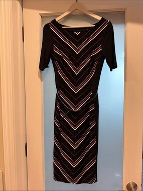 White House Black Market Black Midi Dress with Pink & White Chevron Stripes